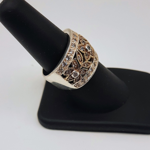Sterling Silver 925 Ring GSJ DQCZ Marked Open Filigree Diamonique Wide Vintage - Picture 4 of 9